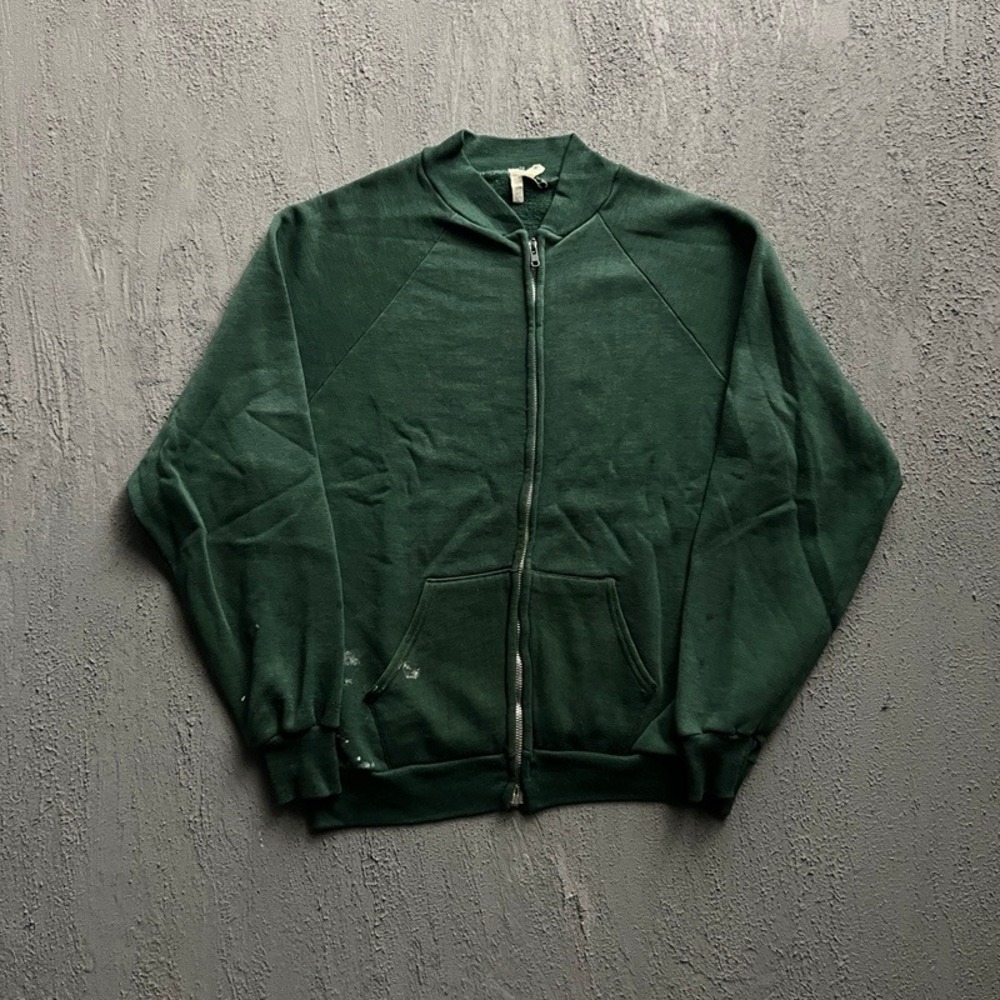 Vintage Zip Up Sweatshirt Large Green 1970s Blank Distressed USA
